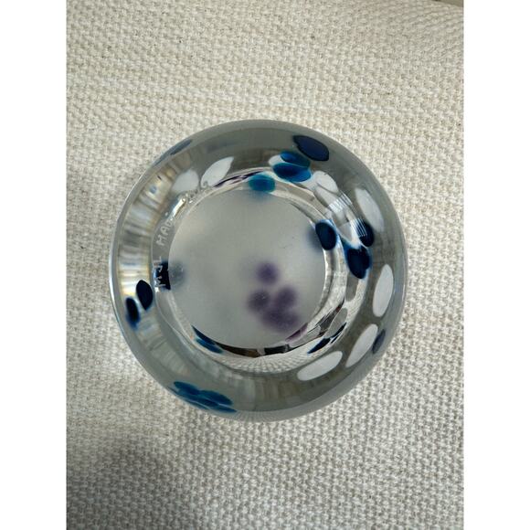 Hand Blown Glass Bowl Blue White Dots Signed Dated 3” Tall - Picture 7 of 8